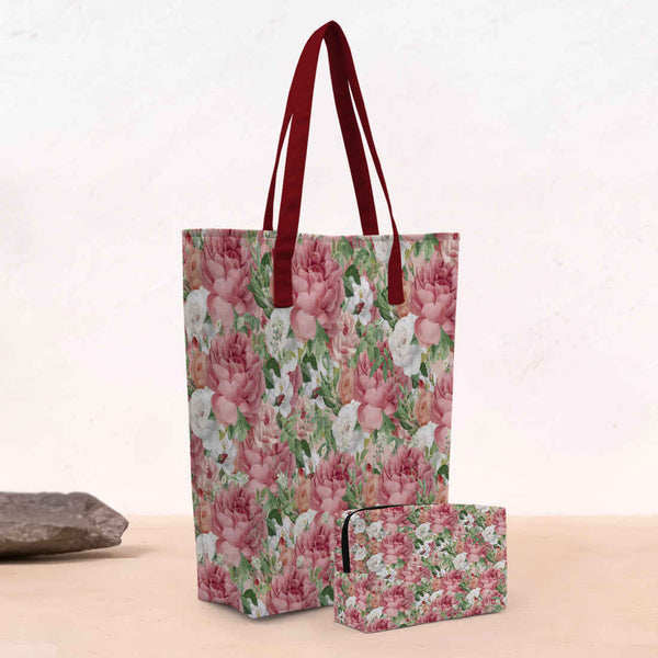 Floral Printed Oversized Shopper Tote Bag with Makeup Pouch - Uncommongifts.in