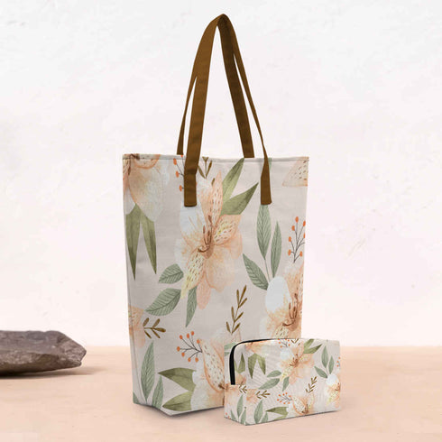 Floral Printed Oversized Shopper Tote Bag with Makeup Pouch - Uncommongifts.in