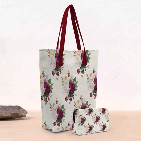 Maroon Floral Printed Oversized Shopper Tote Bag With Makeup Pouch - Uncommongifts.in