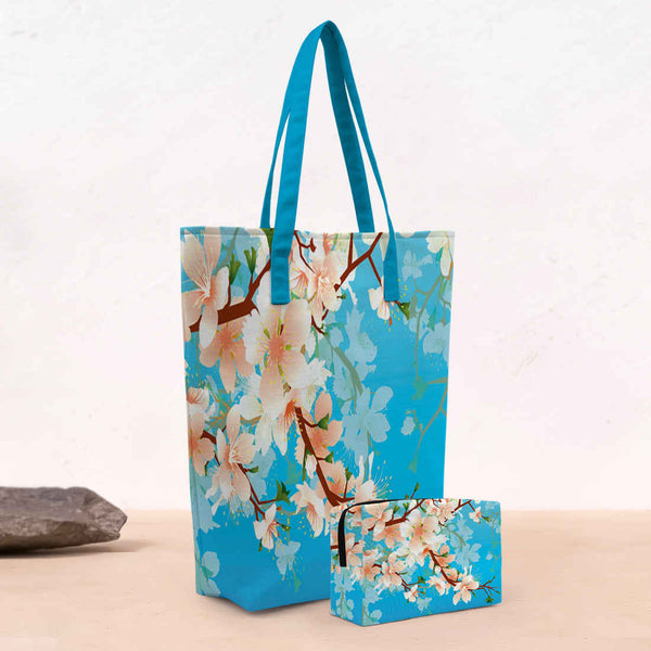 Blue Floral Printed Shopper Tote Bag - Uncommongifts.in