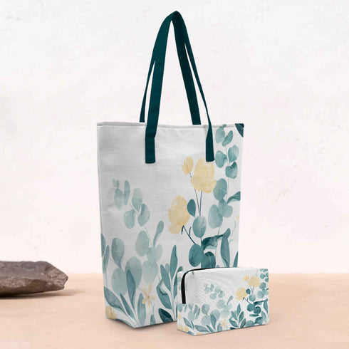 Green White Floral Printed Oversized Shopper Tote Bag with Makeup Pouch - Uncommongifts.in