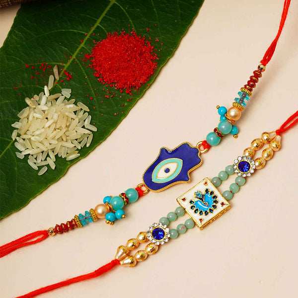 Blue Hamsa Hand & Meenakari Rakhi Set of 2 - Uncommongifts.in