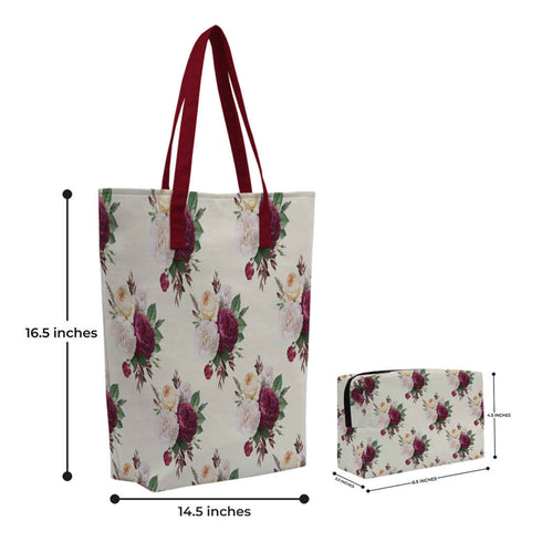 Maroon Floral Printed Oversized Shopper Tote Bag With Makeup Pouch - Uncommongifts.in