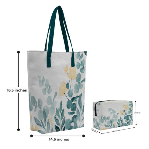 Green White Floral Printed Oversized Shopper Tote Bag with Makeup Pouch - Uncommongifts.in