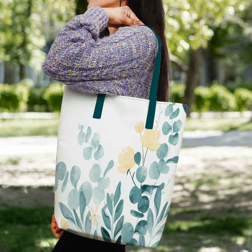 Green White Floral Printed Oversized Shopper Tote Bag with Makeup Pouch - Uncommongifts.in