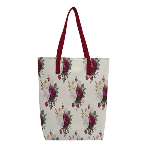 Maroon Floral Printed Oversized Shopper Tote Bag With Makeup Pouch - Uncommongifts.in