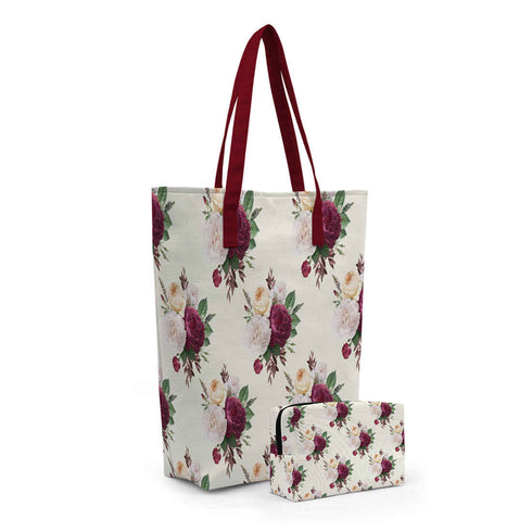 Maroon Floral Printed Oversized Shopper Tote Bag With Makeup Pouch - Uncommongifts.in