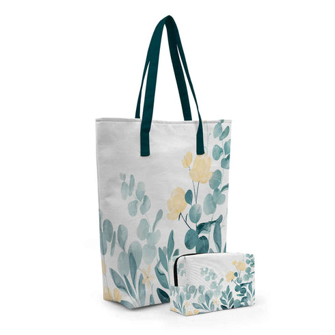Green White Floral Printed Oversized Shopper Tote Bag with Makeup Pouch - Uncommongifts.in