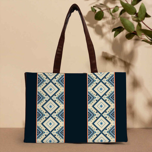 Printed Striped Black Structured Tote Bag - Uncommongifts.in