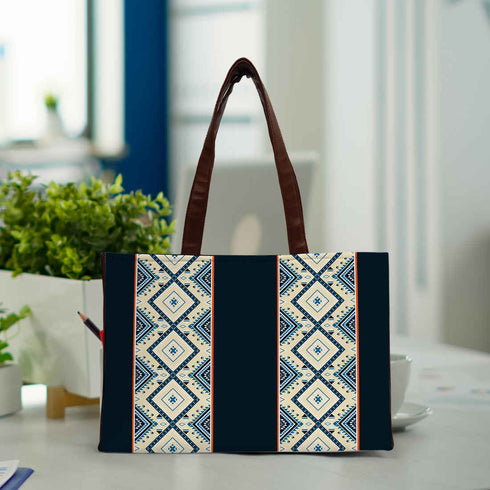 Printed Striped Black Structured Tote Bag - Uncommongifts.in