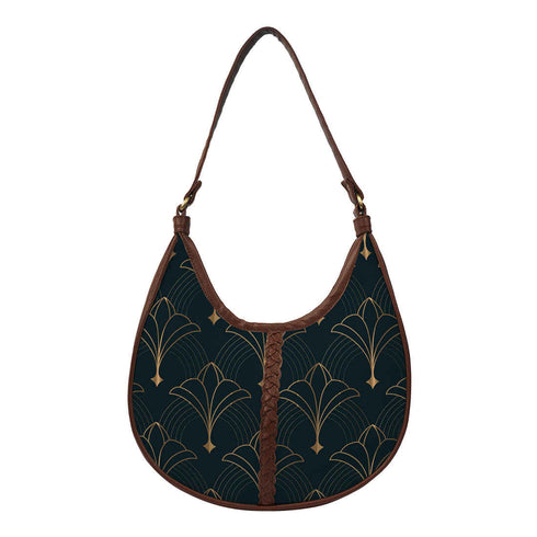 Black Ethnic Motifs Printed Half Moon Hobo Bag - Uncommongifts.in