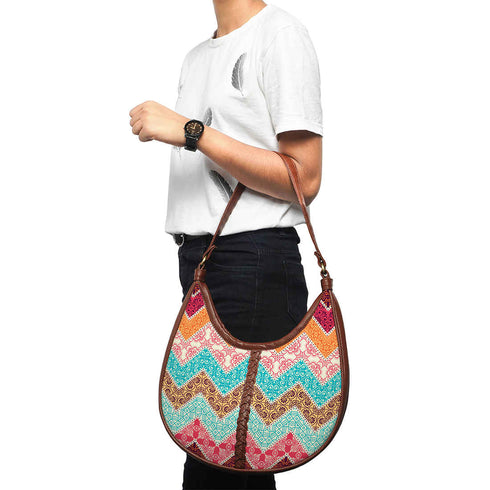 Multicoloured Geometric Half Moon Hobo Bag - Uncommongifts.in