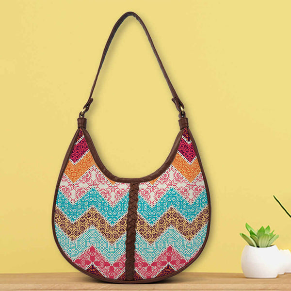 Multicoloured Geometric Half Moon Hobo Bag - Uncommongifts.in
