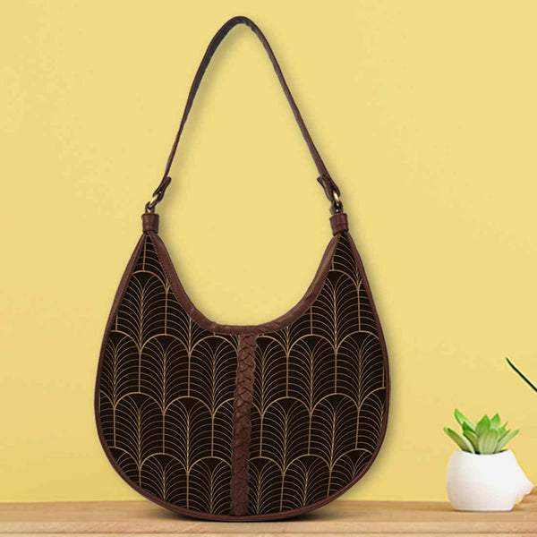 Brown Geometric Printed Oversized Half Moon Hobo Bag - Uncommongifts.in