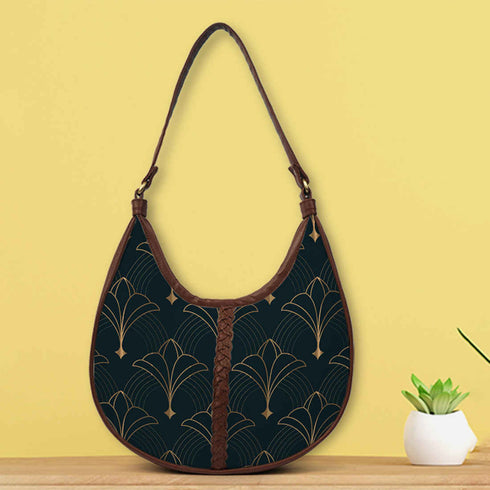 Black Ethnic Motifs Printed Half Moon Hobo Bag - Uncommongifts.in