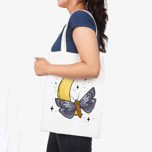 White Moon Butterfly Printed Shopper Tote Bag - Uncommongifts.in