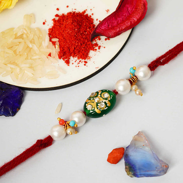 Green Kundan Stone Rakhi - Uncommongifts.in