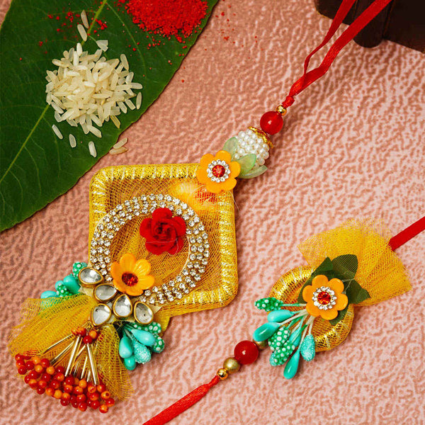 Yellow Net Gota Rakhi for Bhaya & Bhabi - Uncommongifts.in
