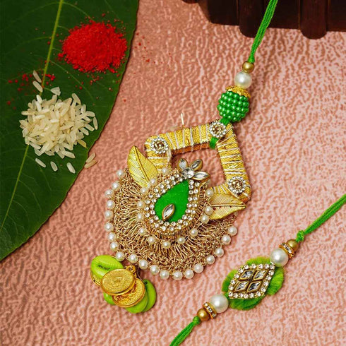 Green Gota Work Rakhi for Bhaya & Bhabi - Uncommongifts.in