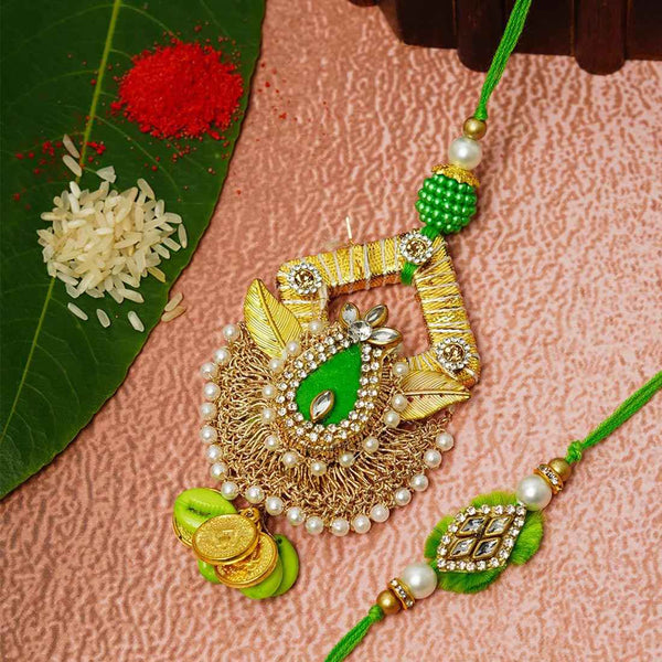 Green Gota Work Rakhi for Bhaya & Bhabi - Uncommongifts.in