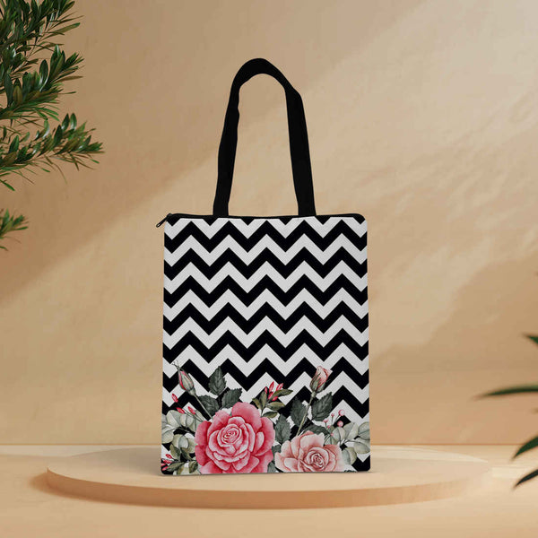 Black Printed Rose Oversized Shopper Tote Bag - Uncommongifts.in