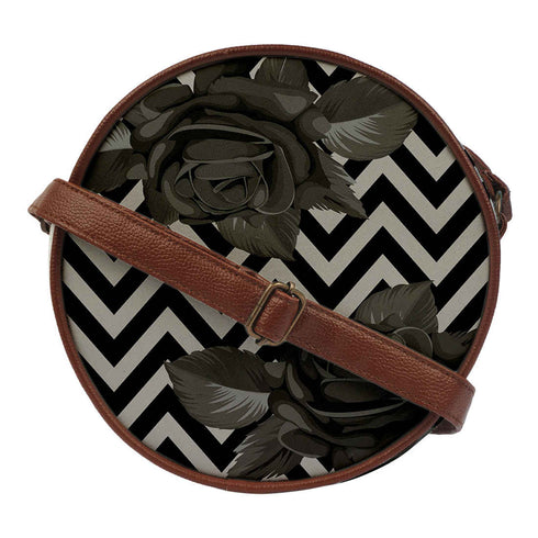 Black & Olive Green Printed Round Structured Sling Bag - Uncommongifts.in