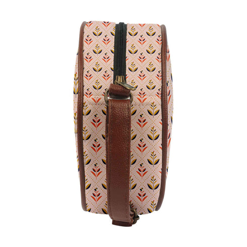 Peach-colored Ethnic Motifs Canvas Round Structured Sling Bag - Uncommongifts.in