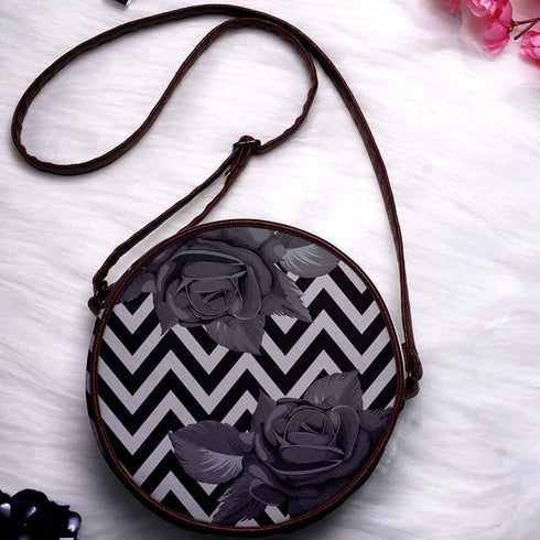 Black & Olive Green Printed Round Structured Sling Bag - Uncommongifts.in