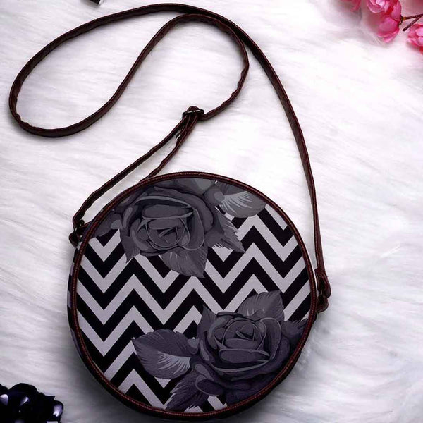 Black & Olive Green Printed Round Structured Sling Bag - Uncommongifts.in