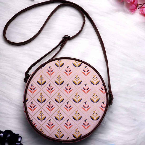 Peach-colored Ethnic Motifs Canvas Round Structured Sling Bag - Uncommongifts.in