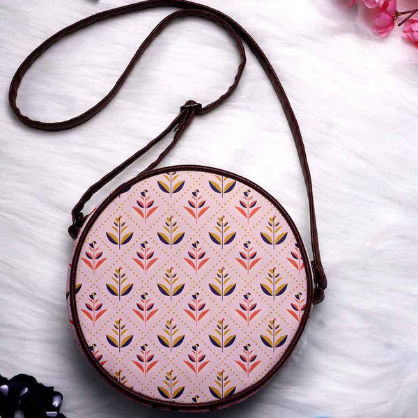 Peach-colored Ethnic Motifs Canvas Round Structured Sling Bag - Uncommongifts.in