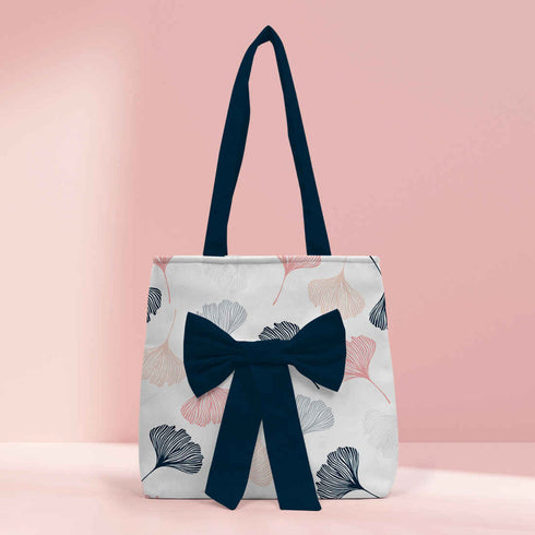 Women Navy Blue Floral Printed Bow Detail Tote Bag - Uncommongifts.in