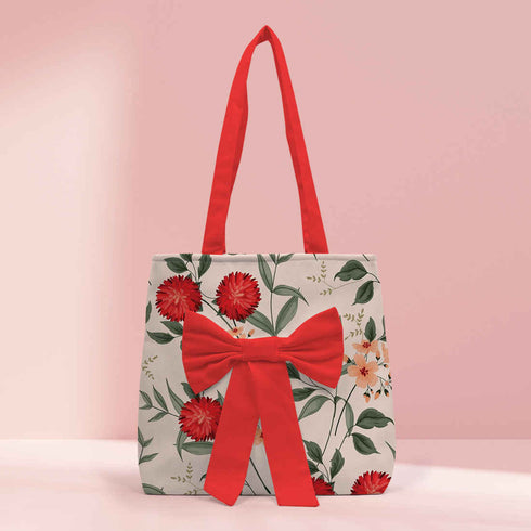 Women Red Floral Printed Bow Detail Tote Bag - Uncommongifts.in