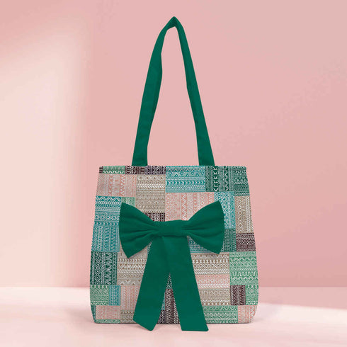 Geometric Printed Green Shopper Tote Bag with Bow - Uncommongifts.in