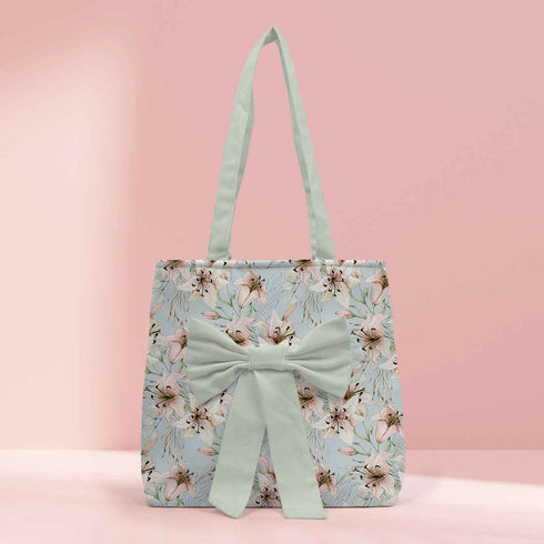 Women Grey Floral Printed Bow Detail Tote Bag - Uncommongifts.in
