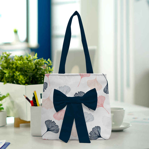 Women Navy Blue Floral Printed Bow Detail Tote Bag - Uncommongifts.in