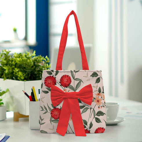 Women Red Floral Printed Bow Detail Tote Bag - Uncommongifts.in