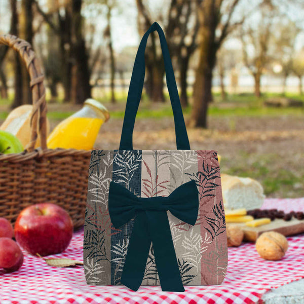 Black Printed Structured Tote Bag with Bow Detail - Uncommongifts.in