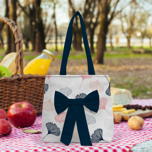 Women Navy Blue Floral Printed Bow Detail Tote Bag - Uncommongifts.in