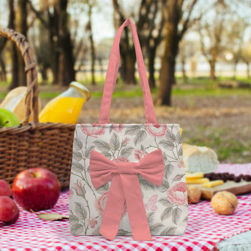 Women Pink Floral Printed Shopper Tote Bag with Bow Detail - Uncommongifts.in