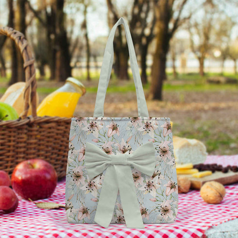 Women Grey Floral Printed Bow Detail Tote Bag - Uncommongifts.in