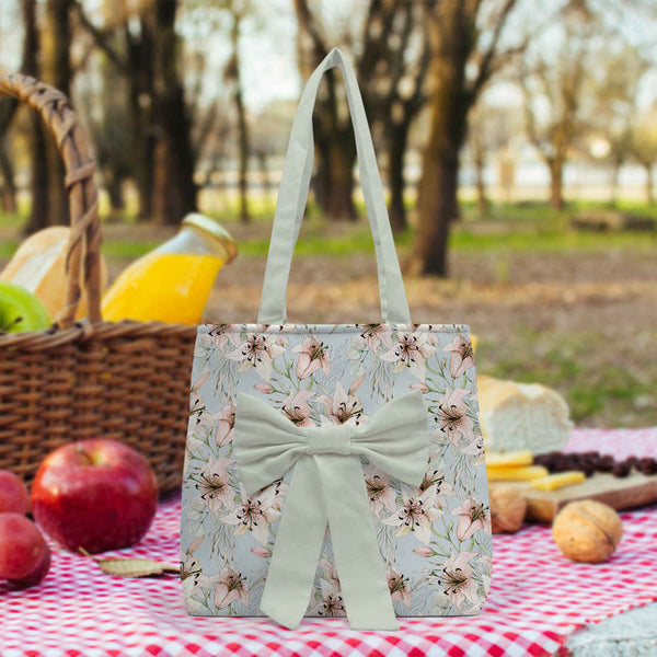 Women Grey Floral Printed Bow Detail Tote Bag - Uncommongifts.in