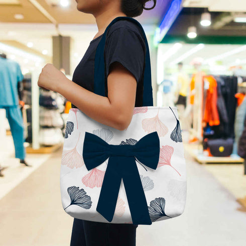 Women Navy Blue Floral Printed Bow Detail Tote Bag - Uncommongifts.in