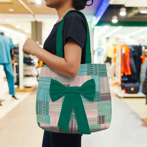 Geometric Printed Green Shopper Tote Bag with Bow - Uncommongifts.in