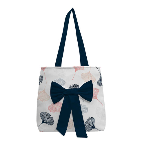Women Navy Blue Floral Printed Bow Detail Tote Bag - Uncommongifts.in