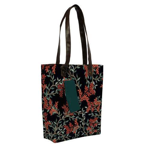 Women Black Leaf Printed Shopper Tote Bag with Pouch - Uncommongifts.in