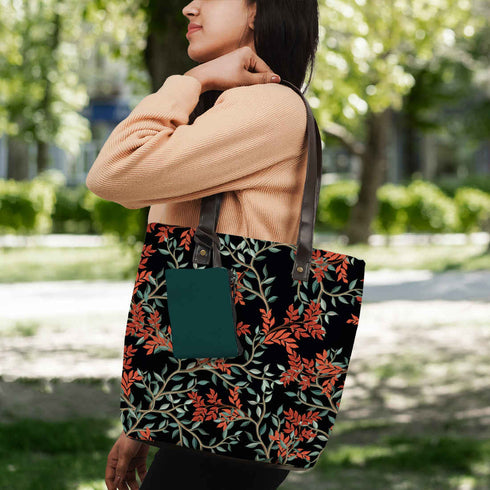 Women Black Leaf Printed Shopper Tote Bag with Pouch - Uncommongifts.in