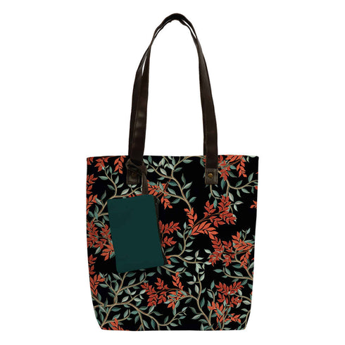Women Black Leaf Printed Shopper Tote Bag with Pouch - Uncommongifts.in