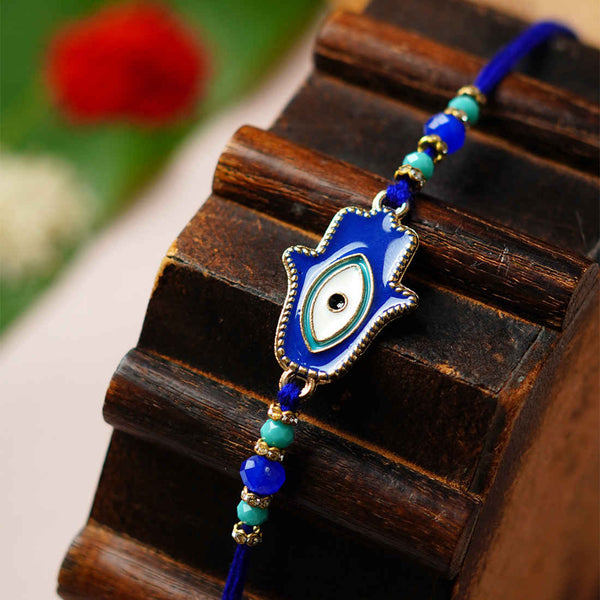 Hamsa Hand Blue Evil Eye Rakhi - Uncommongifts.in