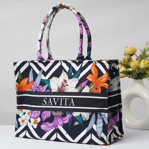 Zigzag Floral Printed Customised Box Tote Bag - Uncommongifts.in